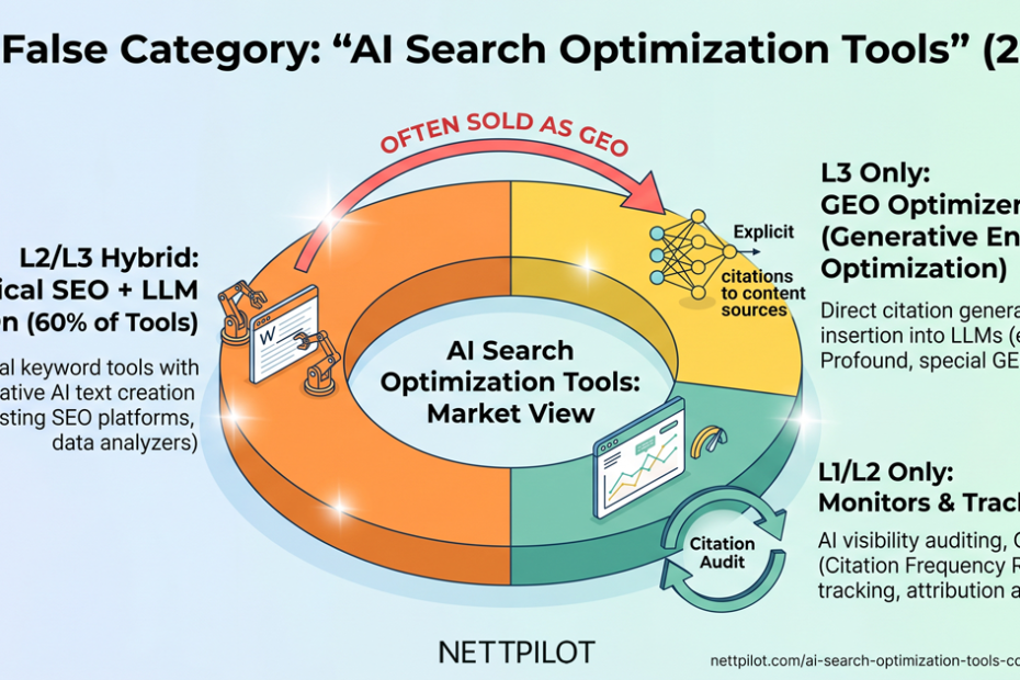 AI search optimization tools fall into three categories: Monitors, GEO optimizers, and classical SEO platforms with AI bolt-ons. 60% of purchases in 2026 are the third category, sold as the second.