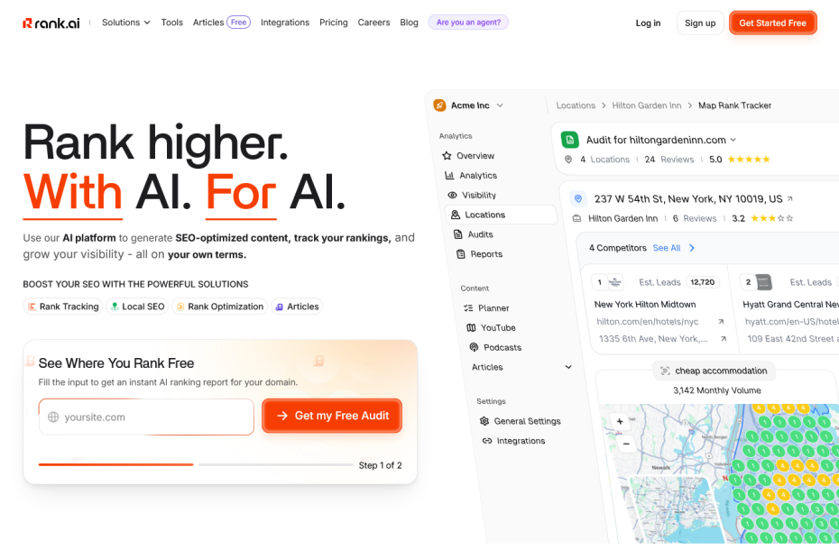 RankAI is an autonomous agent: it finds queries, publishes pages, and rewrites underperformers on its own cadence with no audit step in between.