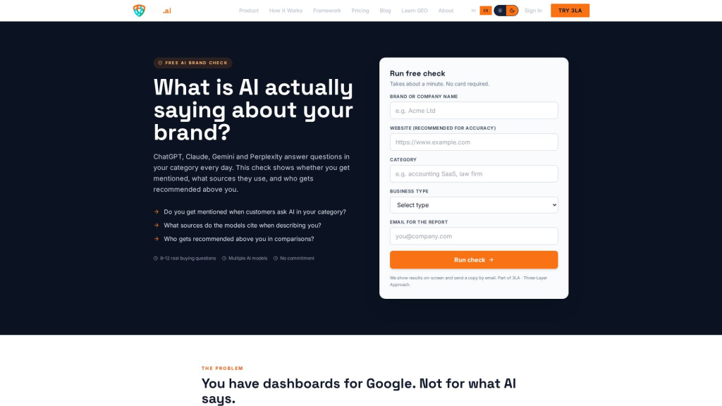 Our free public check runs 8&ndash;12 realistic buying questions across the models that matter and returns visibility per model, accuracy vs. your own website (auto-ground-truth from a domain crawl), competitors recommended above you, and the sources AI cites. No card required, no login &mdash; an honest snapshot before you decide to go deeper.